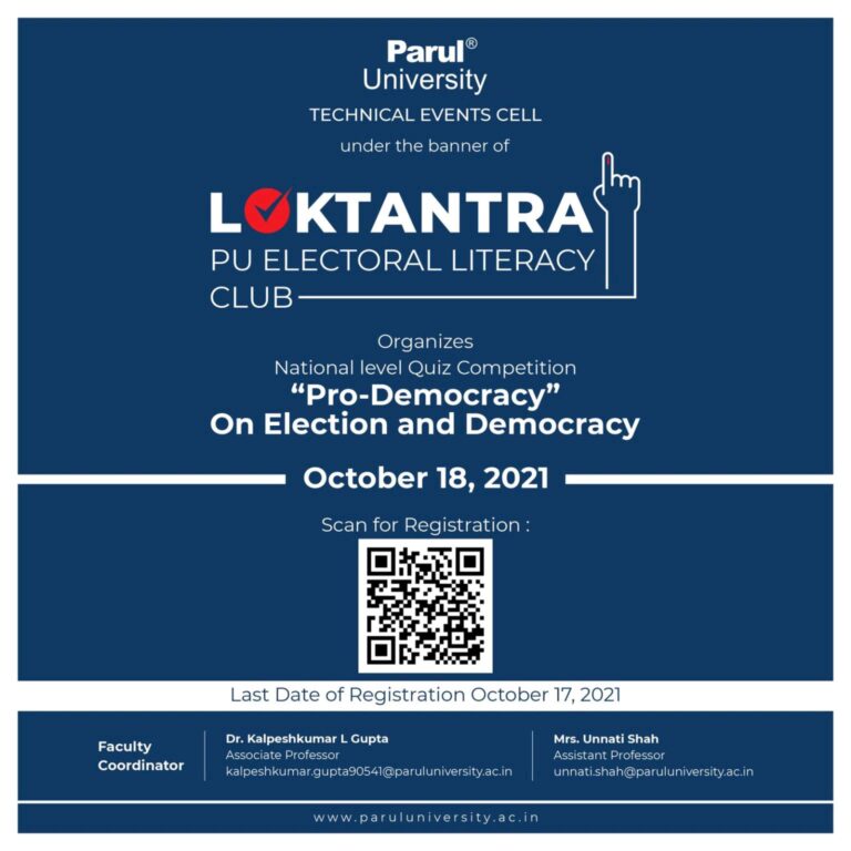 National level Quiz Competition on “Pro-Democracy” by Technical Event Cell-Parul University | Organized by PU Electoral Literacy Club.